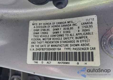 2013 Honda Civic Lx z USA, uszkodzony, nr VIN 2HGFB2F55DH501164